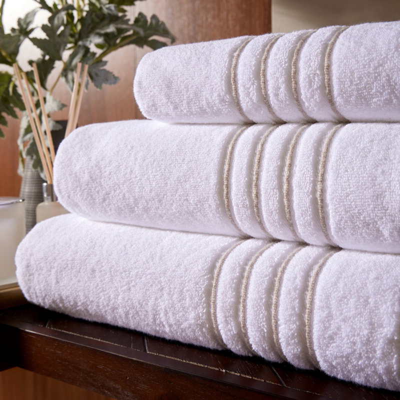 100% Cotton Four Row Cord Embroidered Bath Towel, White/Grey