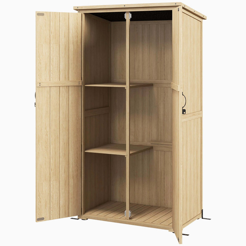 Remise à outils imperméable en bois pour toiture en asphalte, armoire de rangement verticale étroite avec tablettes intérieures et portes d'entrée verrouillables