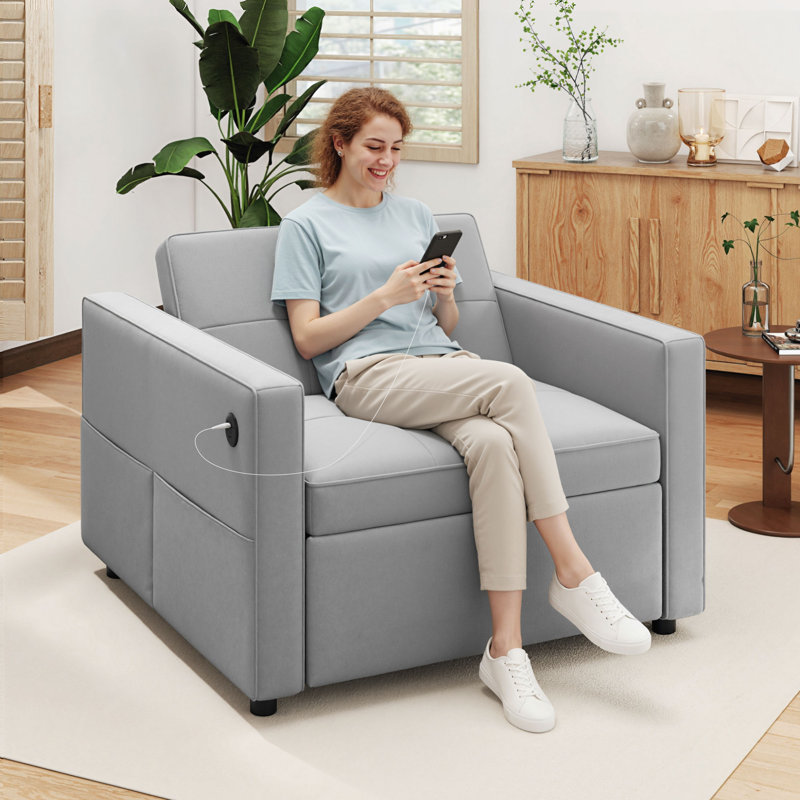 Fauteuil-lit, petit canapé-lit avec port USB, gris, Gris