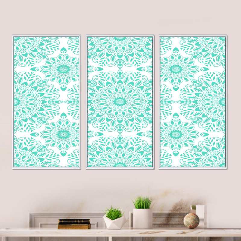 Mandal turquoise clair - ensemble d'art mural moderne sur toile encadrée 3 pièces, H 28 po x l 36 po x P 1 po, Blanc