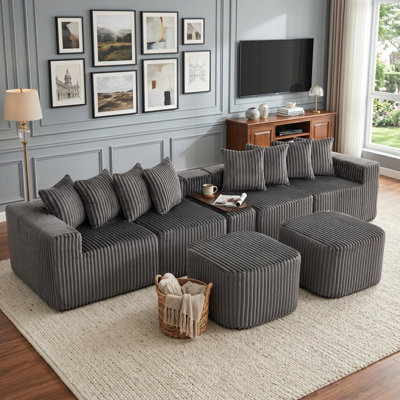 137.5-Inch U-Shaped Corduroy Sectional Sofa with USB and Wireless Charging, Movable Footstool and Coffee Table Board with Cup Holder, Grey, 6-Seat