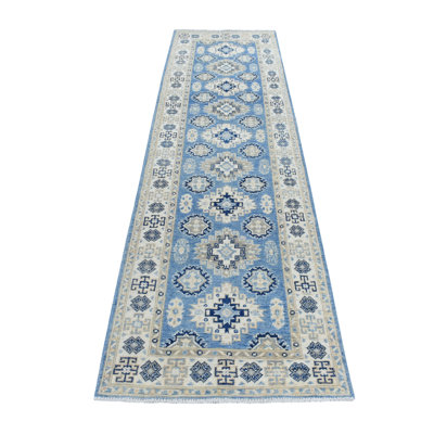 Tapis décoratif bleu de noué à la main new age kazak de conception unique 2 pi 8 po x 9 pi 6 po