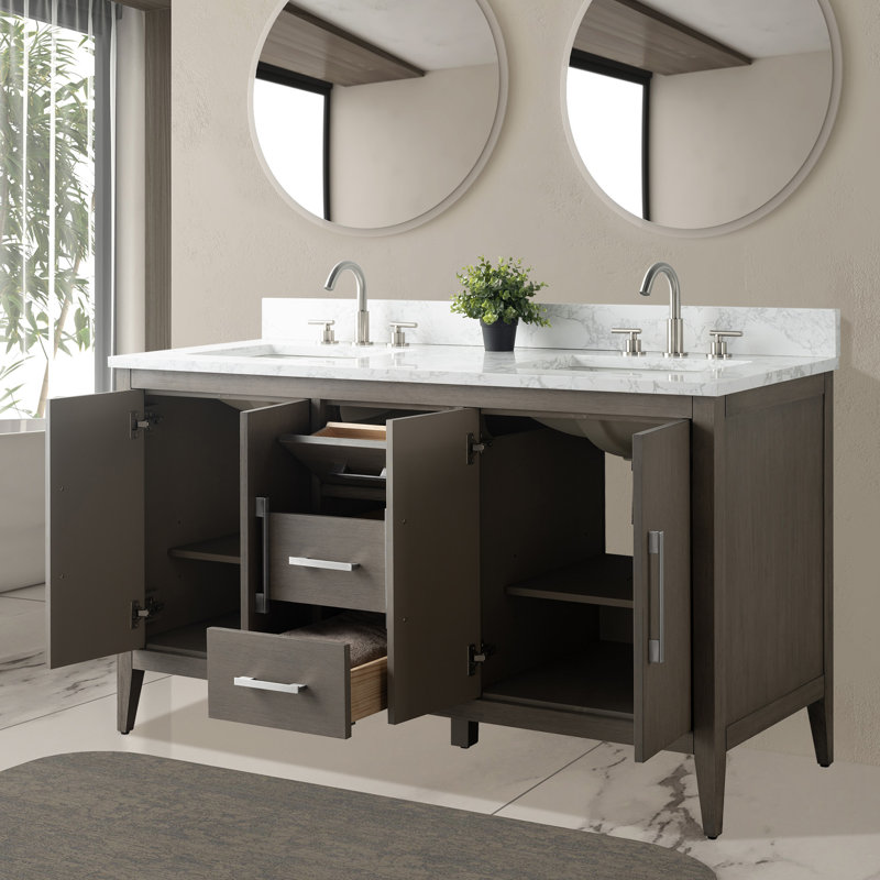 Ensemble de meuble-lavabo double 60 po avec plateau en marbre Chambery, Nickel brossé, Bois flottant gris