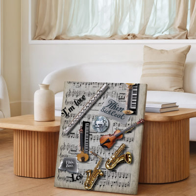 Canvas A Vibrant Collage Featuring A Variety Of Musical Instruments Including Wall Art A Flute Saxophone And Piano Arranged Over A Canvas Wall Art