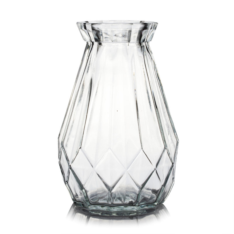 Clear Diamond-faceted Glass Vase For Flowers 4.5" W 7" H, 4