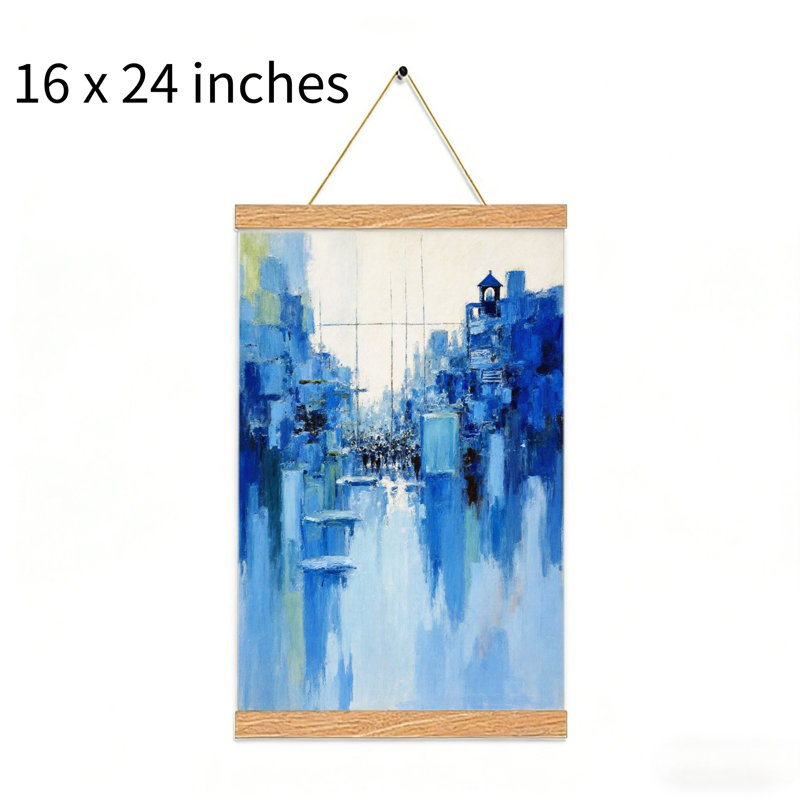 «Blue Abstract City Skyline», art mural à volutes suspendues, cintre en bois intégré, 16 x 24
