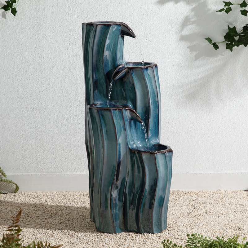 29.5"H 4-Tiered Cobalt Blue Wavy Texture Outdoor Ceramic Fountain With Pump And LED Light (KD), Turquoise