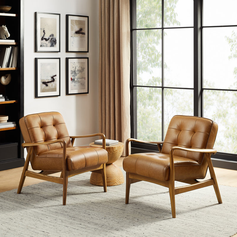 Morrilton Genuine Leather Tufted Arm Chair With Solid Wood Frame (Set of 2), Brown