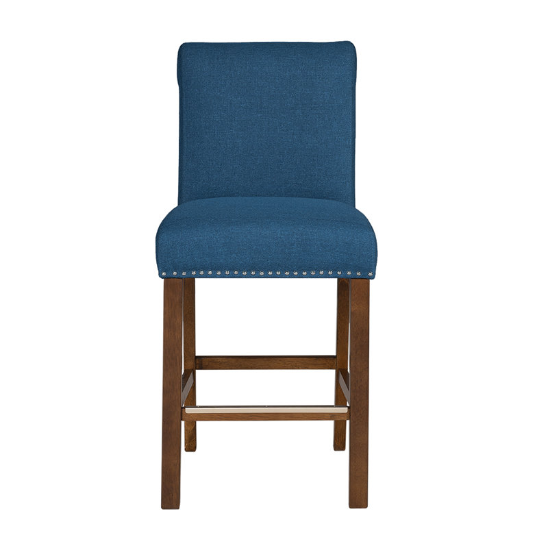 Aubrey Blue Upholstered Wood Counter Stools with Nailhead Trim