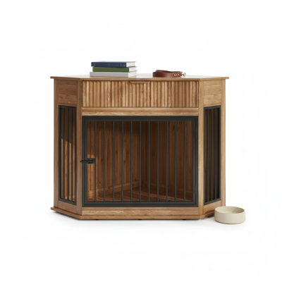 Walnut 44.6" Corner Dog Crate Furniture for Small/Medium Dogs, Includes Fluted Drawer Storage – Modern Space-Saving Cabinet for Indoor Décor