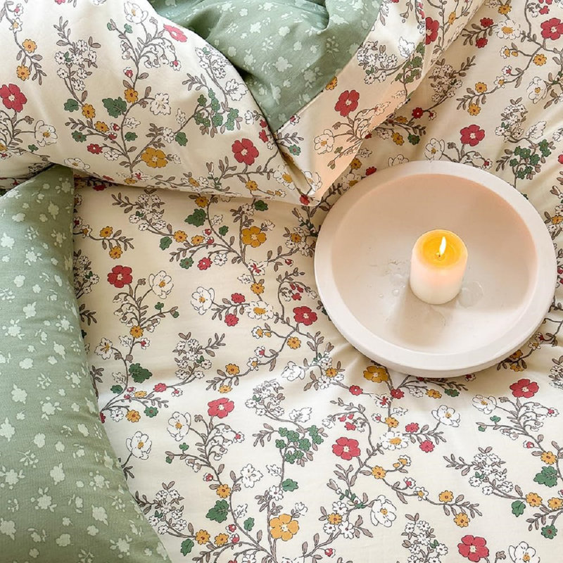 100% Cotton Beige Green Small Flower Leaves Colorful Plant Pattern Soft Duvet Cover