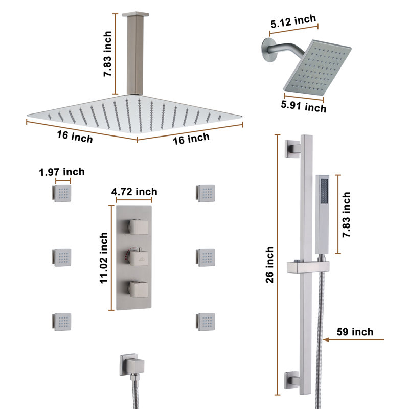 Système de douche thermostatique avec pomme de douche pluviale double 16 pouces avec barre coulissante 16 pouces et douchette corporelle Rainfall Symphony