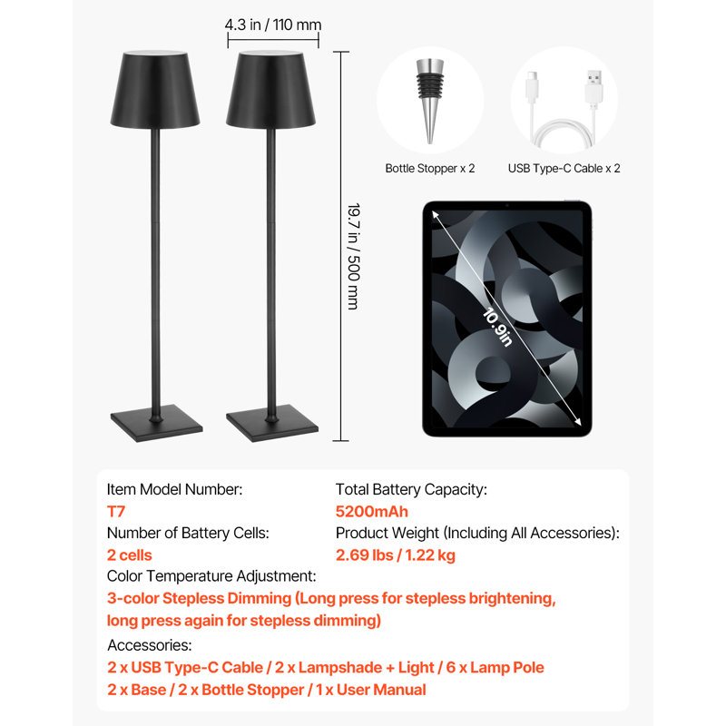 Cordless Table Lamp Rechargeable Battery Desk Lamp Adjustable Height , Black, Black