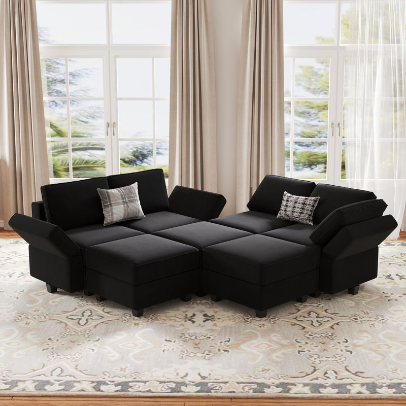 Canapé modulaire rembourré en velours avec rangement 90,2 po Teangela, Velours noir