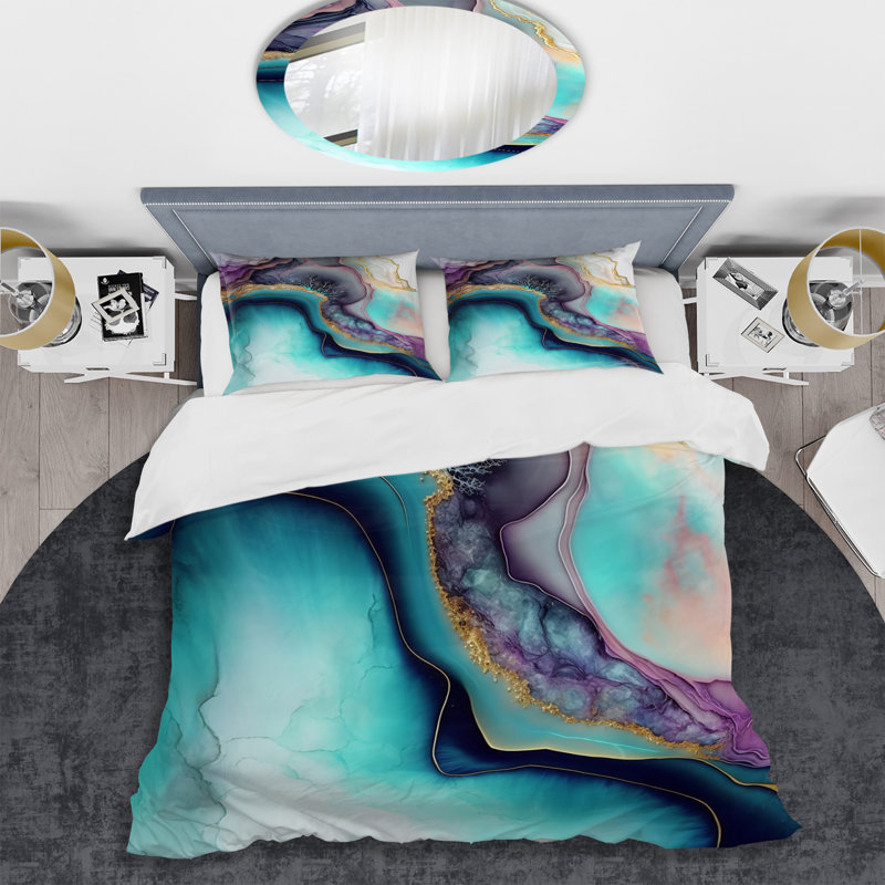 Ensemble de housse de couette en microfibre / polyester bleu mauve abstrait Geode III