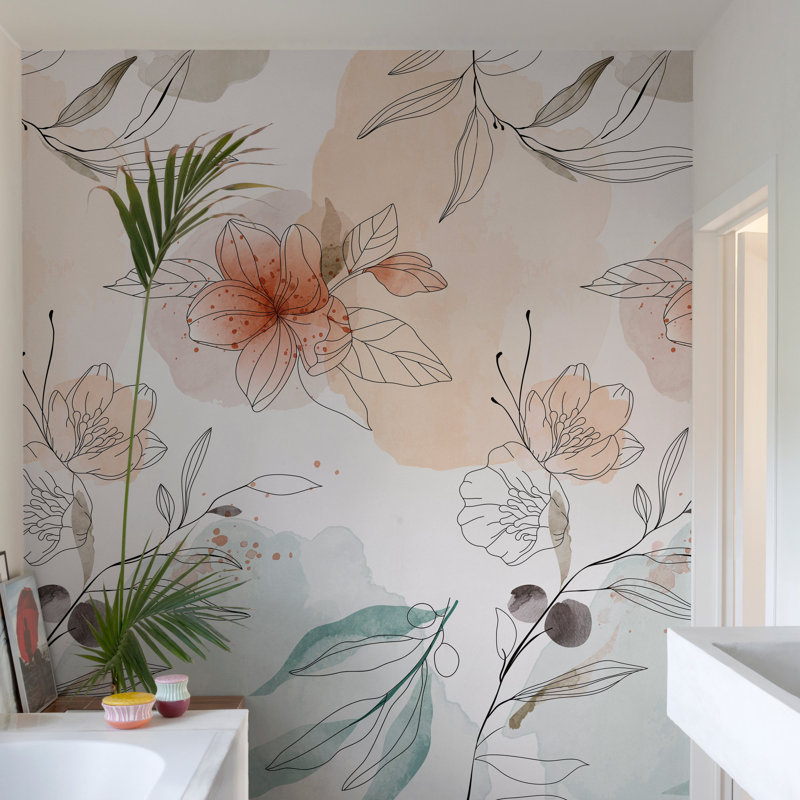 Orom II Collection Stenciled Flowers 62.5-inches wide x 9.18-feet high 3-panel Wall Mural