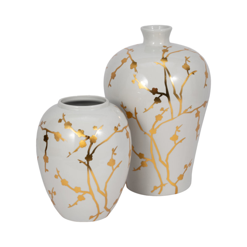 10" Gold Branches Vase, White