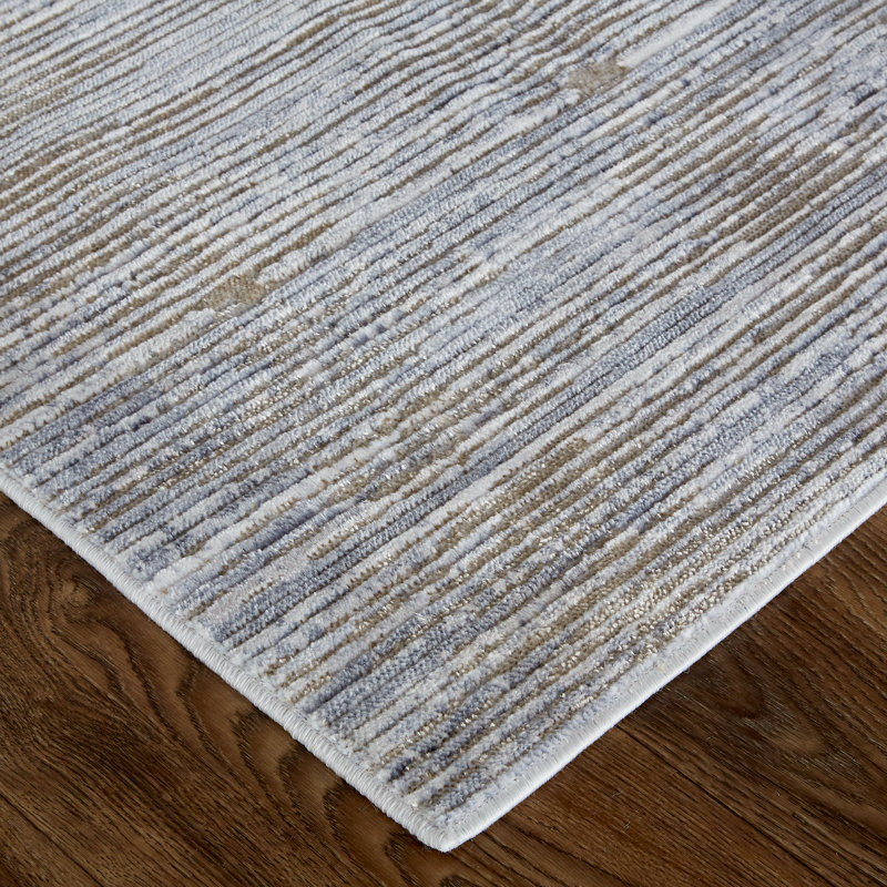 Tapis à rayures délavées Corben, gris / brun / bleu, 5 pi x 7 pi 10 po, Tapis de couloir : 3 pi x 10 pi