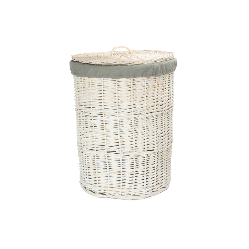 Wicker Round Laundry Hamper Basket with Lining, 60cm H x 46cm W x 46cm D, White Wash/Grey