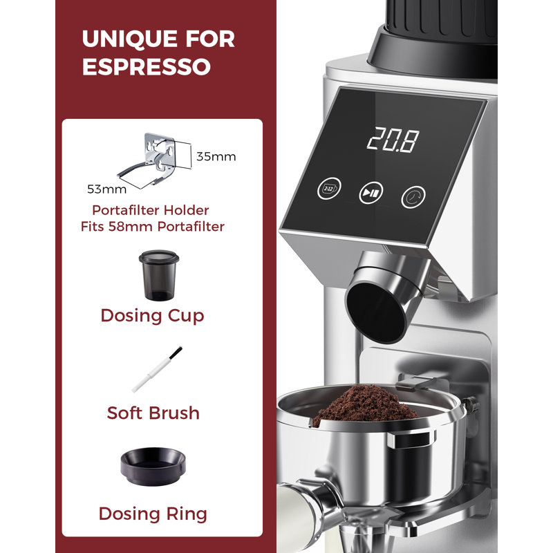 Moulin à café conique Tuni G1, moulin à meules antistatique 48 réglages de mouture, minuterie électronique de précision et écran tactile à DEL pour espresso / goutte à goutte / infusion froide / presse française, acier inoxydable, argent