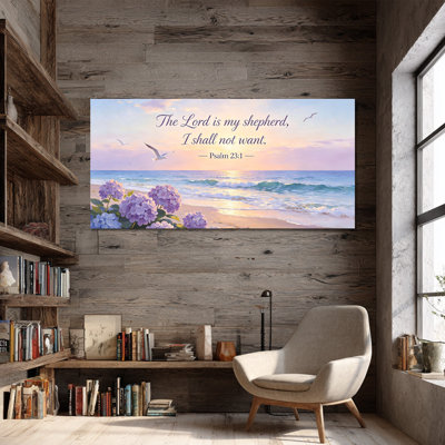 Grande reproduction d'art sur toile encadrée chrétienne, lever de soleil sur la côte, Psaume 23: 1 verset de la Bible