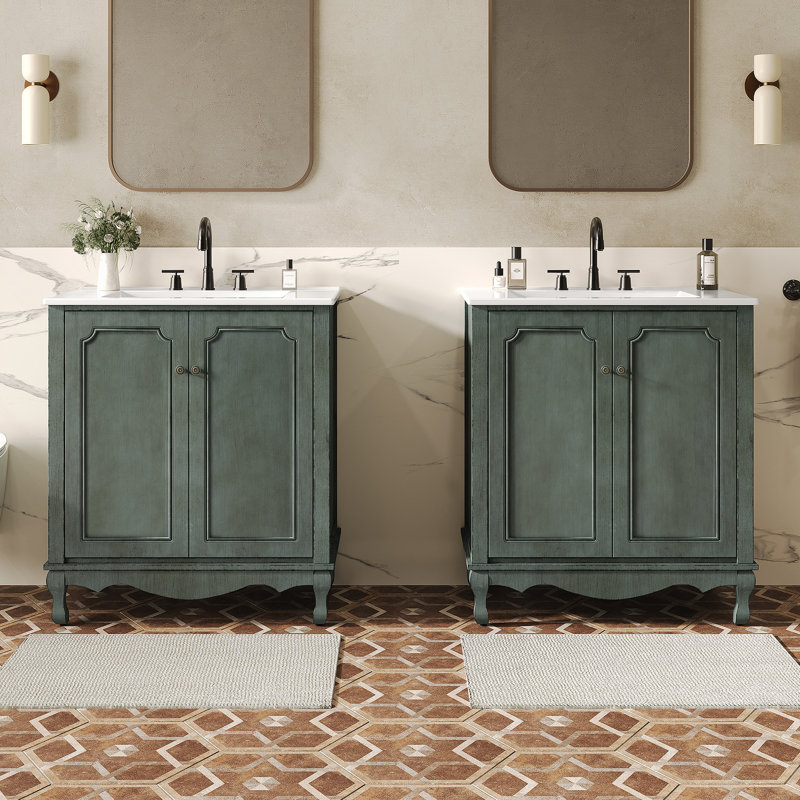 Ensemble de meuble-lavabo double 60 po, armoire de salle de bain rétro avec deux lavabos en céramique séparés et boutons antiques, armoire de rangement avec pieds en bois d'hévéa et tablettes réglables