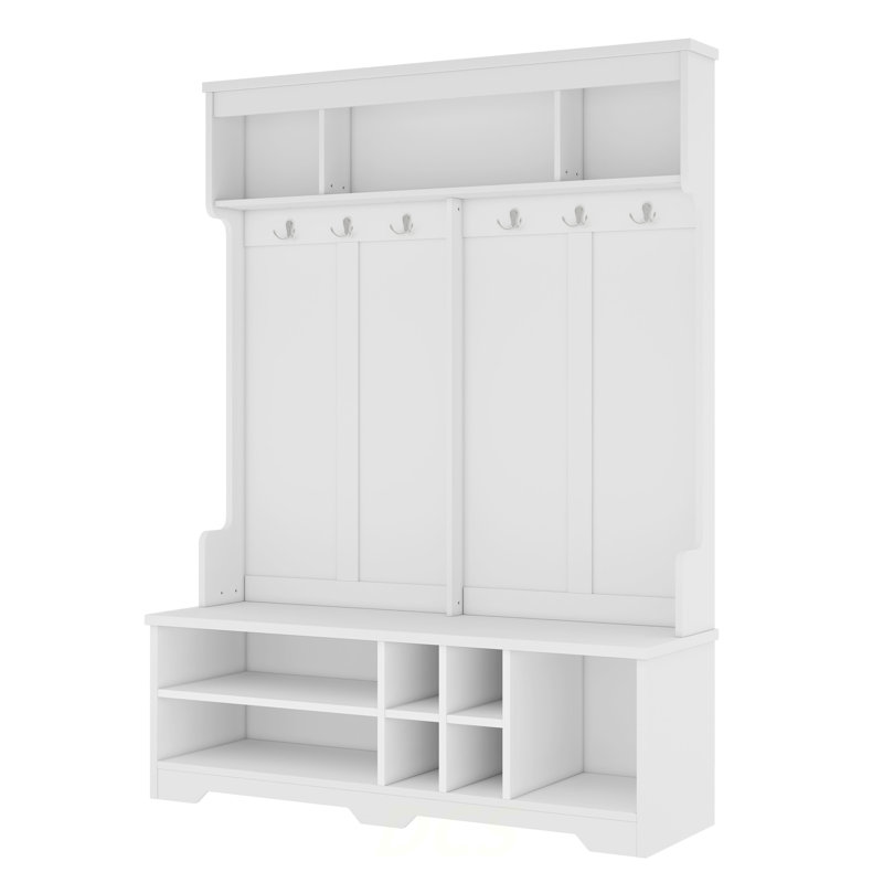 Modern Hallway Hall Tree With Metal Hooks And Storage Space, Multi-Functional Entryway Coat Rack With Shoe Cubbies, White, Shoe Storage