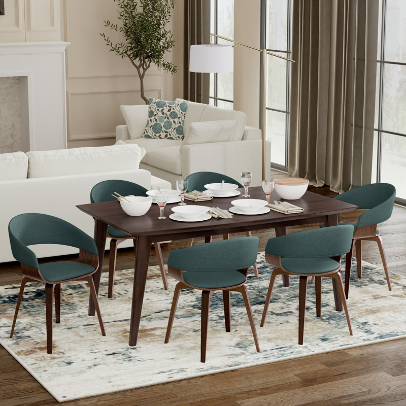 Ensemble de salle à manger 7 pièces Lowell / Draper Mid-Century avec table en bois massif et 6 chaises rembourrées, Bleu