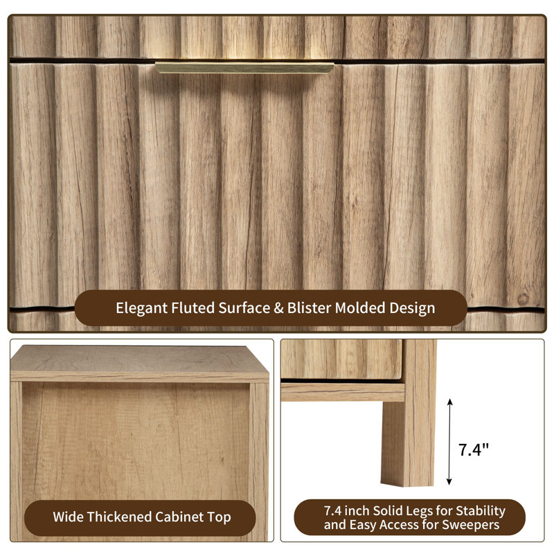 Commode 6 tiroirs avec panneau cannelé, commode large, commode courbée en bois pour garde-robe avec poignées larges en métal, rangement pour commode