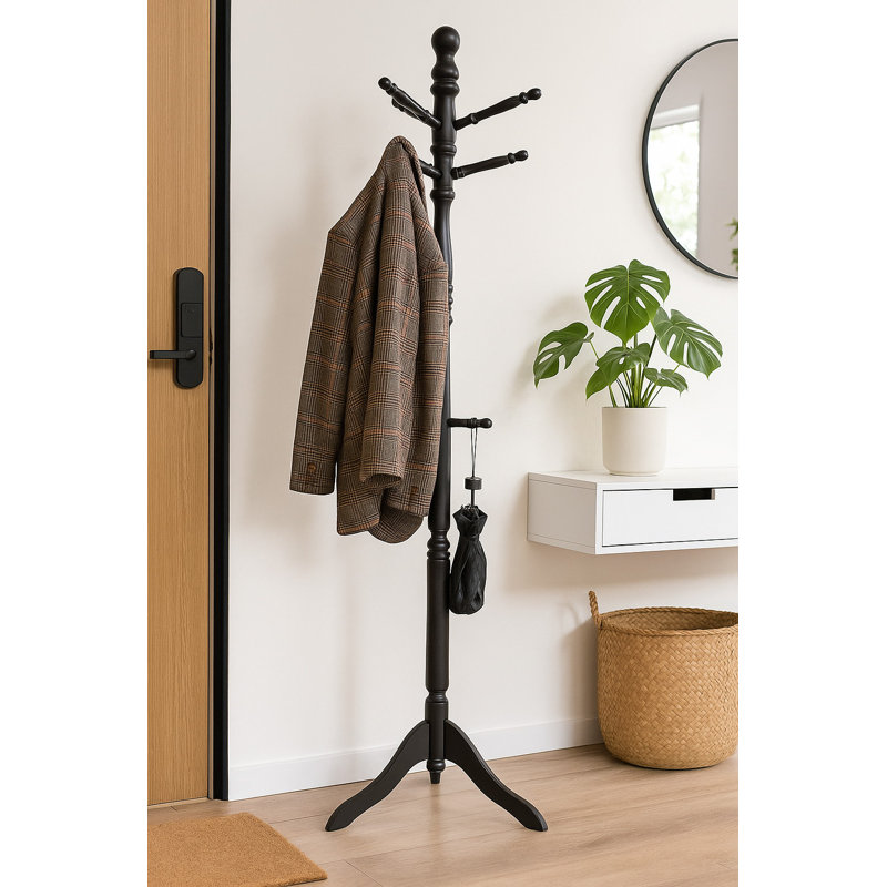Valcour Solid Wood Freestanding 9 - Hook Coat Rack, Black