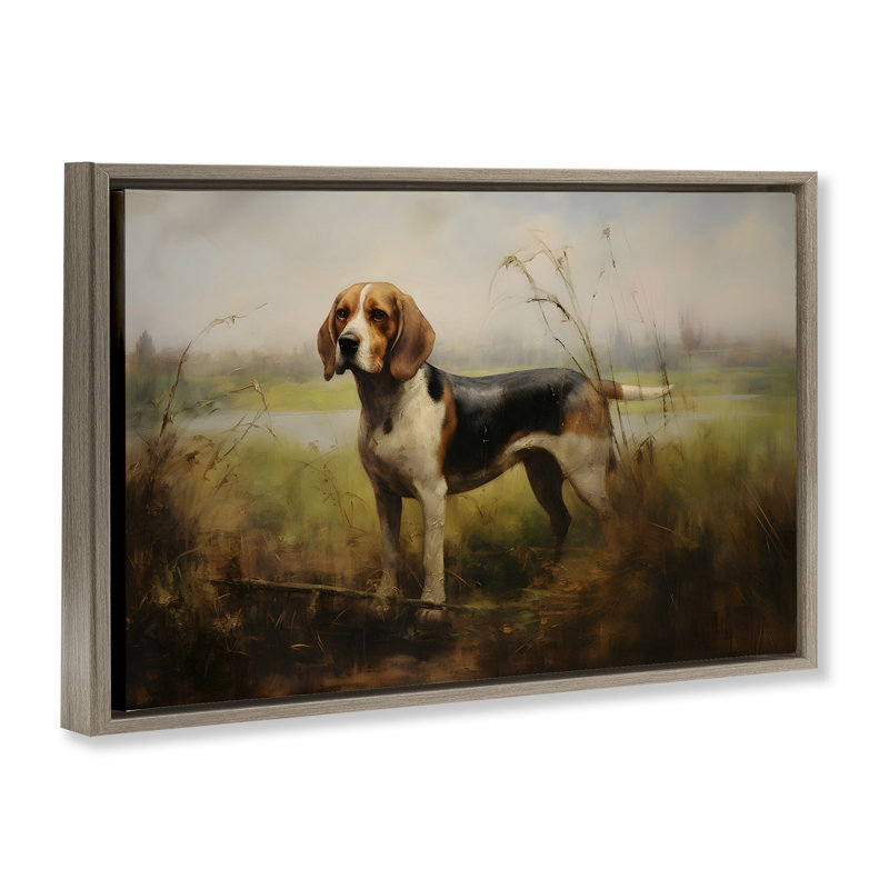 Toile flottante encadrée grise Beagle Dog par Petal Prints Design, Cadre flottant orme Montalcino, H 17 po x l 25 po