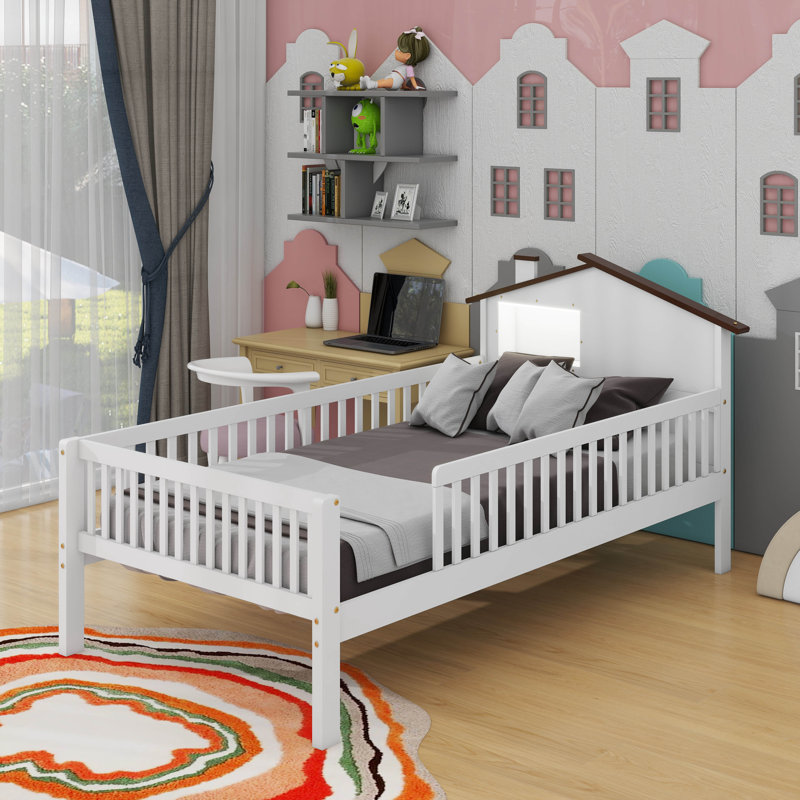 Lit plateforme en bois avec tête de lit en forme de maison, rangement intégré et DEL, Lit simple, Blanc