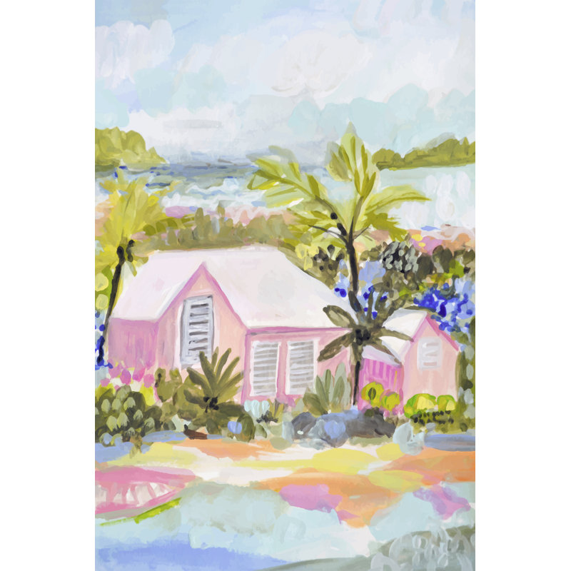 Layle «Pink Bungalow Island» par Karen Fields, reproduction d'art , H 12 po x l 8 po, Non, Cadre flottant doré