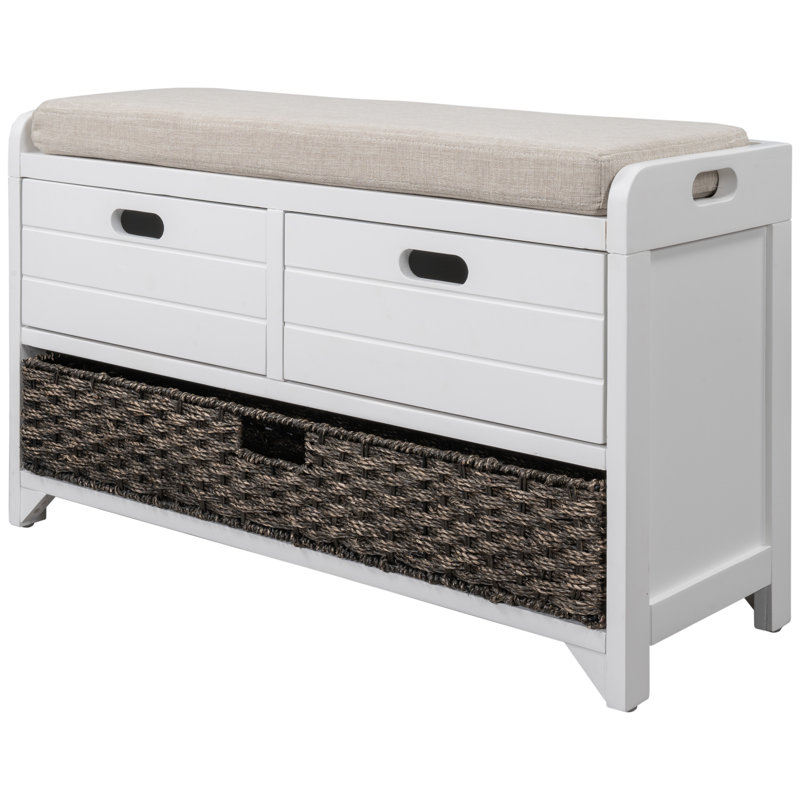 Storage Bench With Removable Basket And 2 Drawers, Fully Assembled Shoe Bench With Removable Cushion (White)