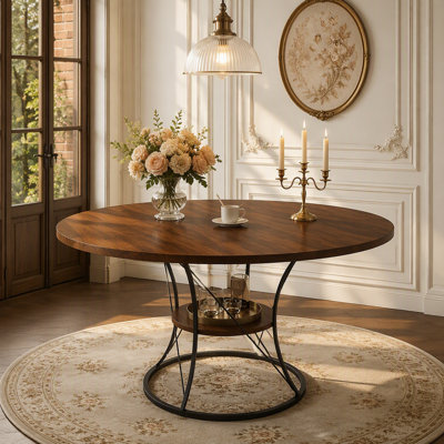 43 inch Round Dining Table for 4-6, Expandable Farmhouse Kitchen Table with Storage Shelf & Metal Base, Brown & Black Extendable Wood Table from 43 to