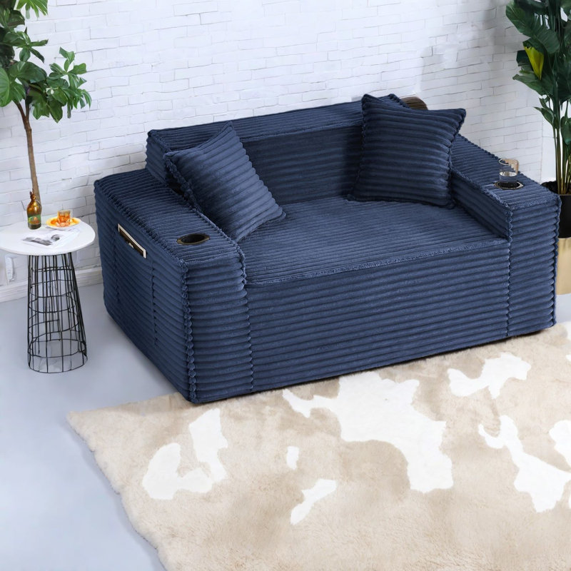Compression Sofas With Storage, Blue Corduroy Modern Compact Home Couch