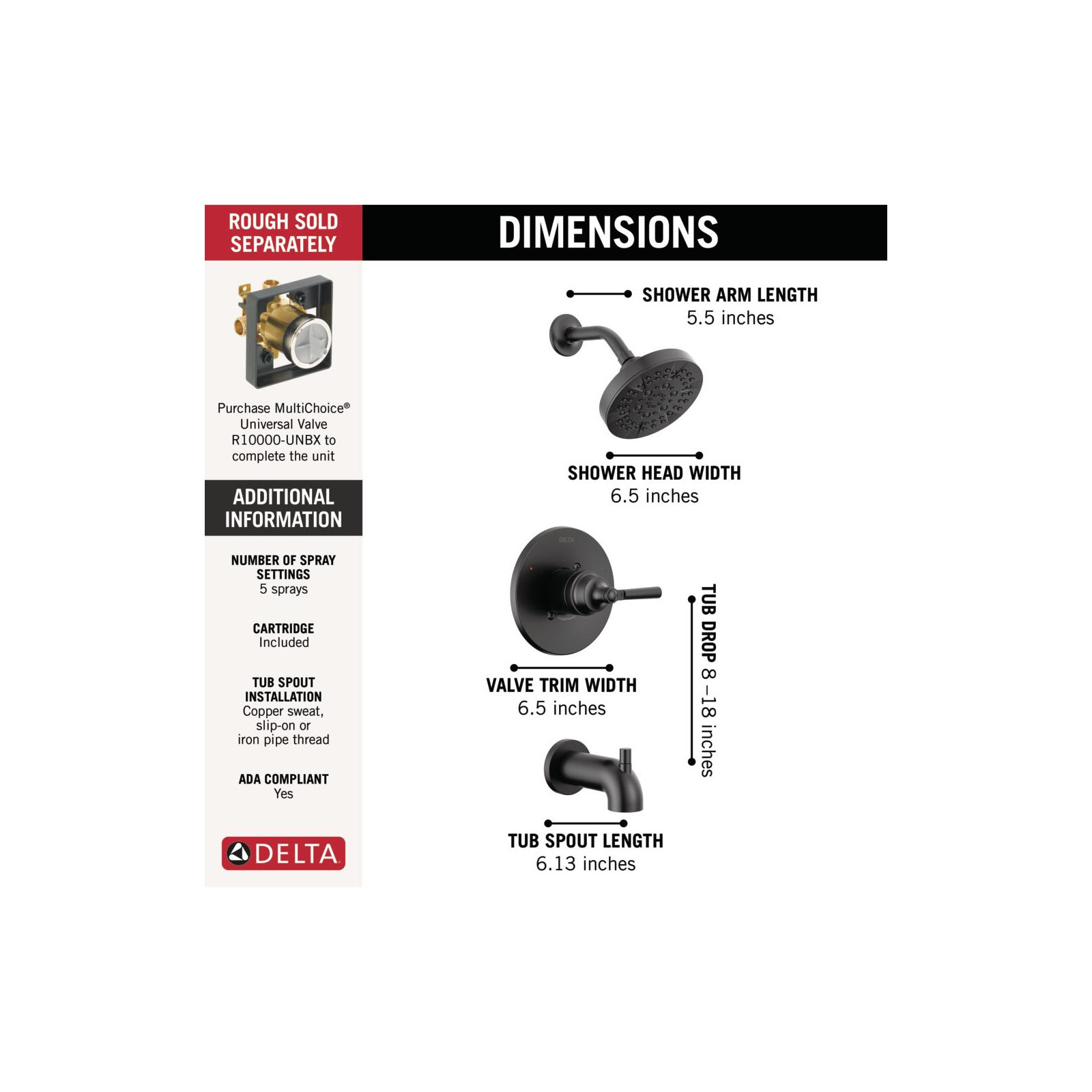 SAYLOR™ Single-Function Tub and Shower Faucet Set, Valve Trim Kit, Shower Head and Handle Set, Matte Black