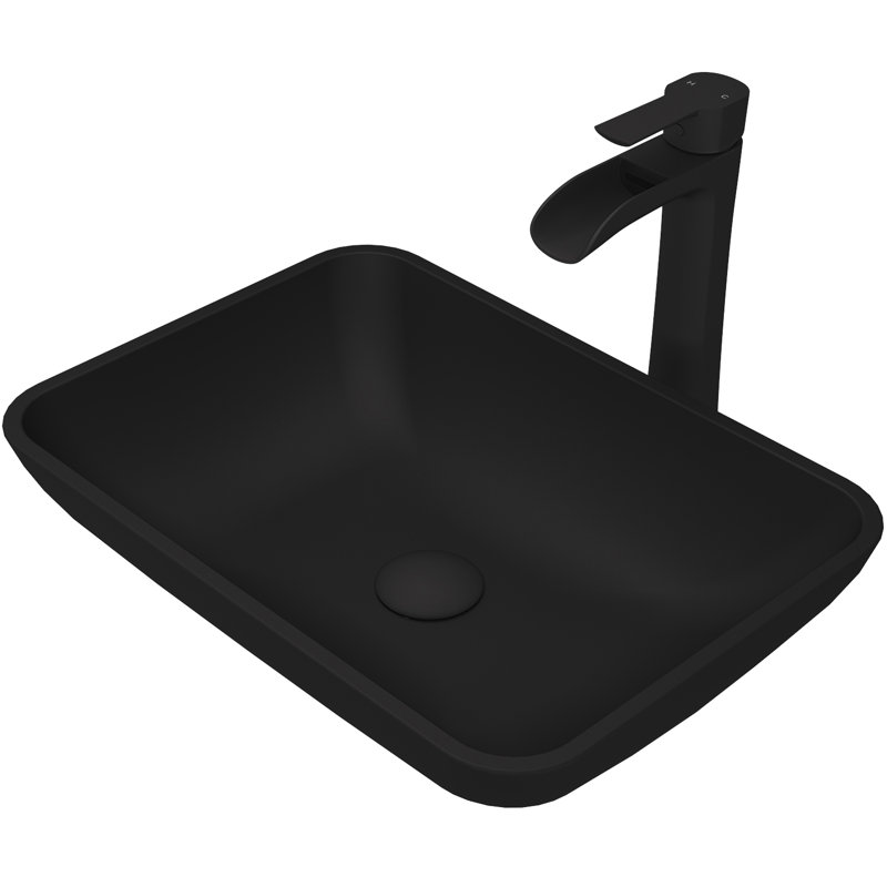 Onyx Rectangular Glass Vessel Bathroom Sink with 11" H Faucet, Black Matte Shell, Matte Black