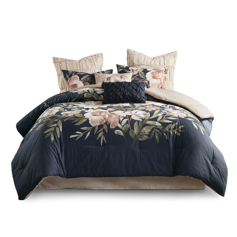 Édredon 8 pièces bleu marine très grand - Shabby Chic 2 taies décoratives, coussins et jupe de lit assortis Lavable à la machine à motif floral grand motif décoratif