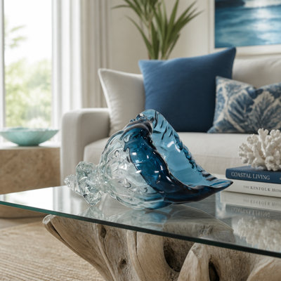 Decorative Glass Conch Shell Sculpture for Coastal Home Decor - Modern Oceanic Object Accent for Living Room Shelf Decoration - 11", Blue & Clear
