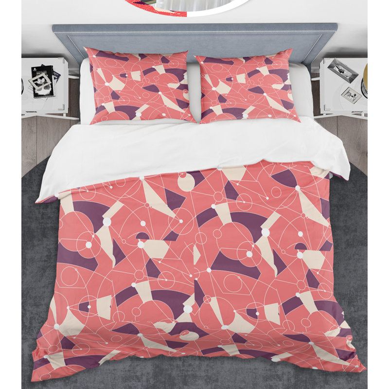 Ensemble de housse de couette Mid-Century Retro Grid IV, Twin Duvet Cover + 2 Shams, Orange / mauve