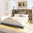 Upholstered Platform Floating Bed with Bookcase Storage Headboard