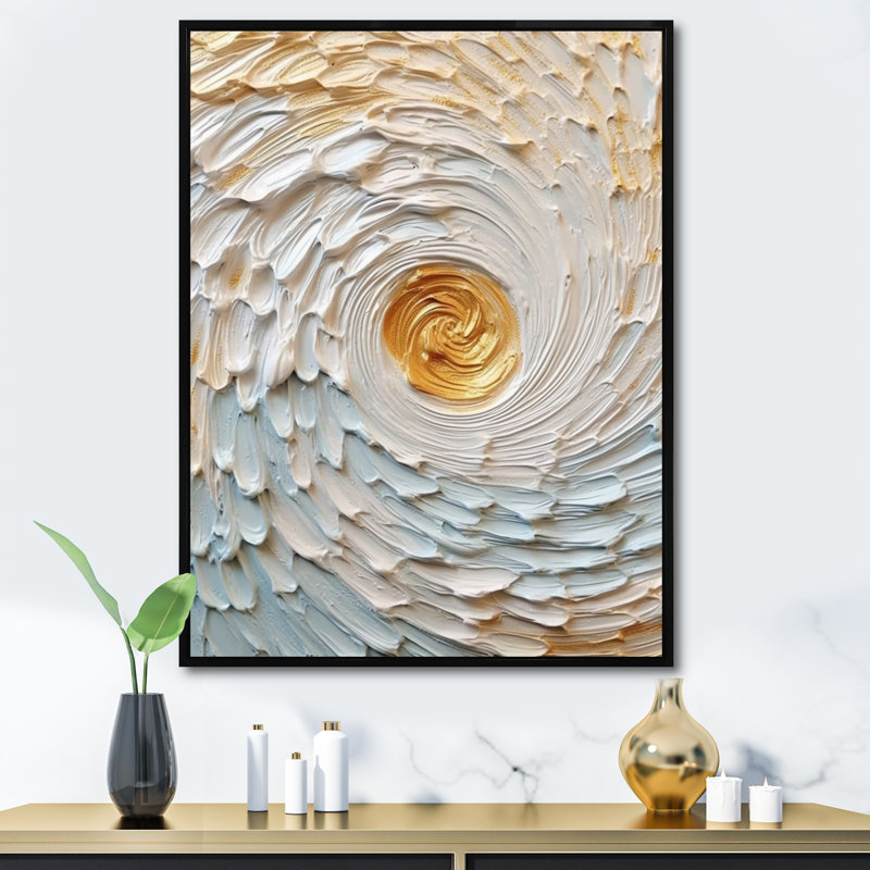 «Gold and Cream Enchanted Whirls III - Abstract Spirals», art mural, 32" H x 24" W, Gold Picture Framed