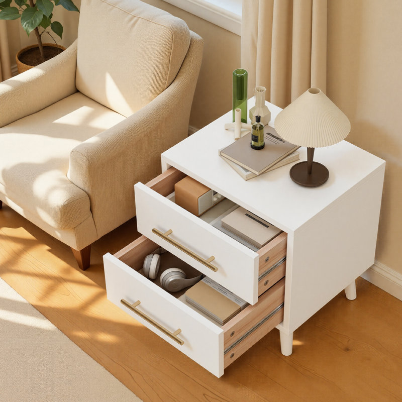 20" Modern Wooden 2-Drawer Nightstand with Metal Handles and Tapered Legs