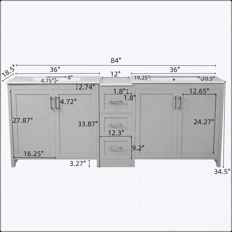 Meuble-lavabo double 84 po avec comptoir, tablettes réglables et charnières à fermeture en douceur 84 po, Gris