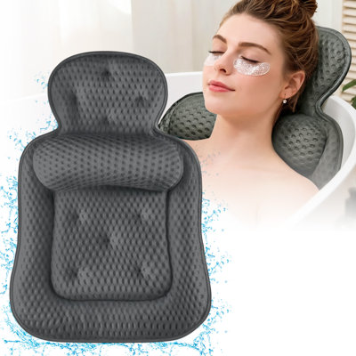 Bath Pillow with 5D Mesh Fabric and Non-Slip Suction Cups, Extra Thick Cushion, Head & Neck Support, Gray