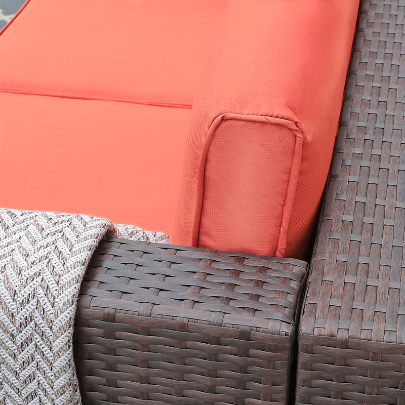 Gerdt 59.2'' Wide Wicker Loveseat with Cushions, Orange Cushion//Brown Frame