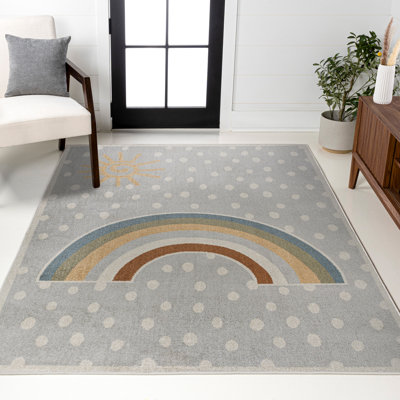Tapis moderne gris / ivoire / jaune lavable à la machine Bluette Rainbow Dot