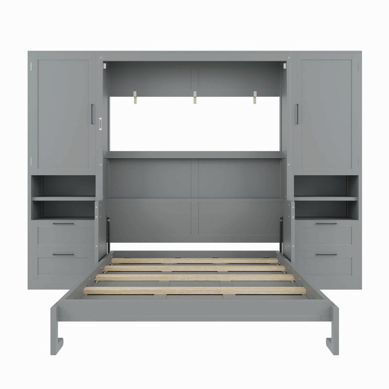 Lit escamotable Murphy avec placard, tiroirs et tablettes, Queen, Gris