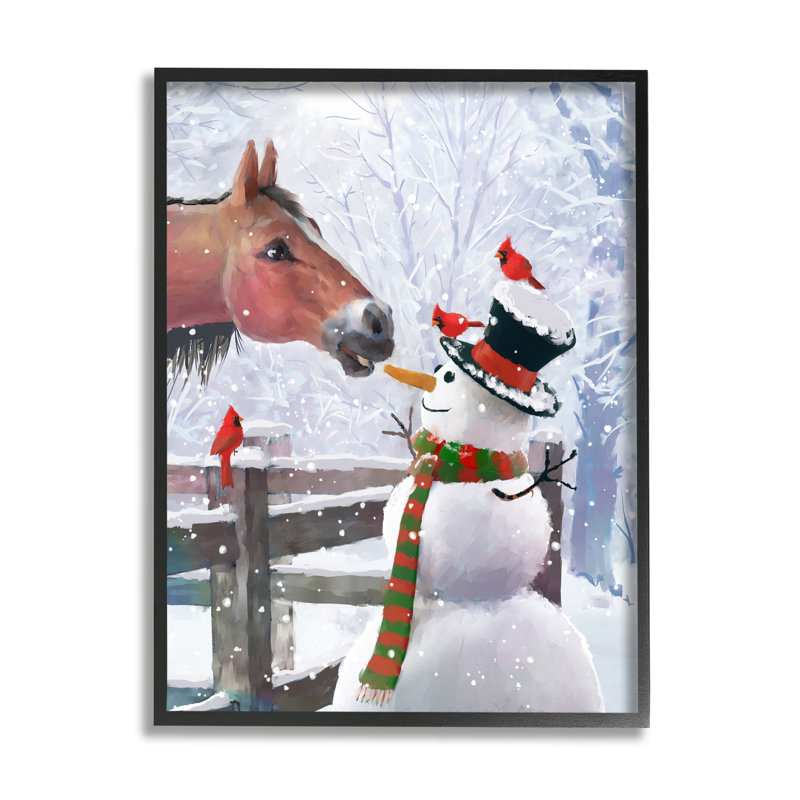 Cheval mangeant un bonhomme de neige, scène de carotte encadrée sur bois par Pip Wilson, impression, H 30 po x l 24 po